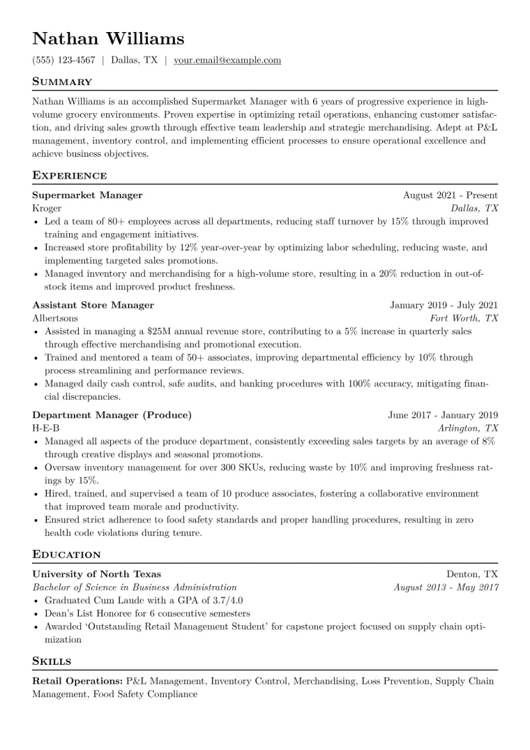 Supermarket Manager Resume Example CV template preview