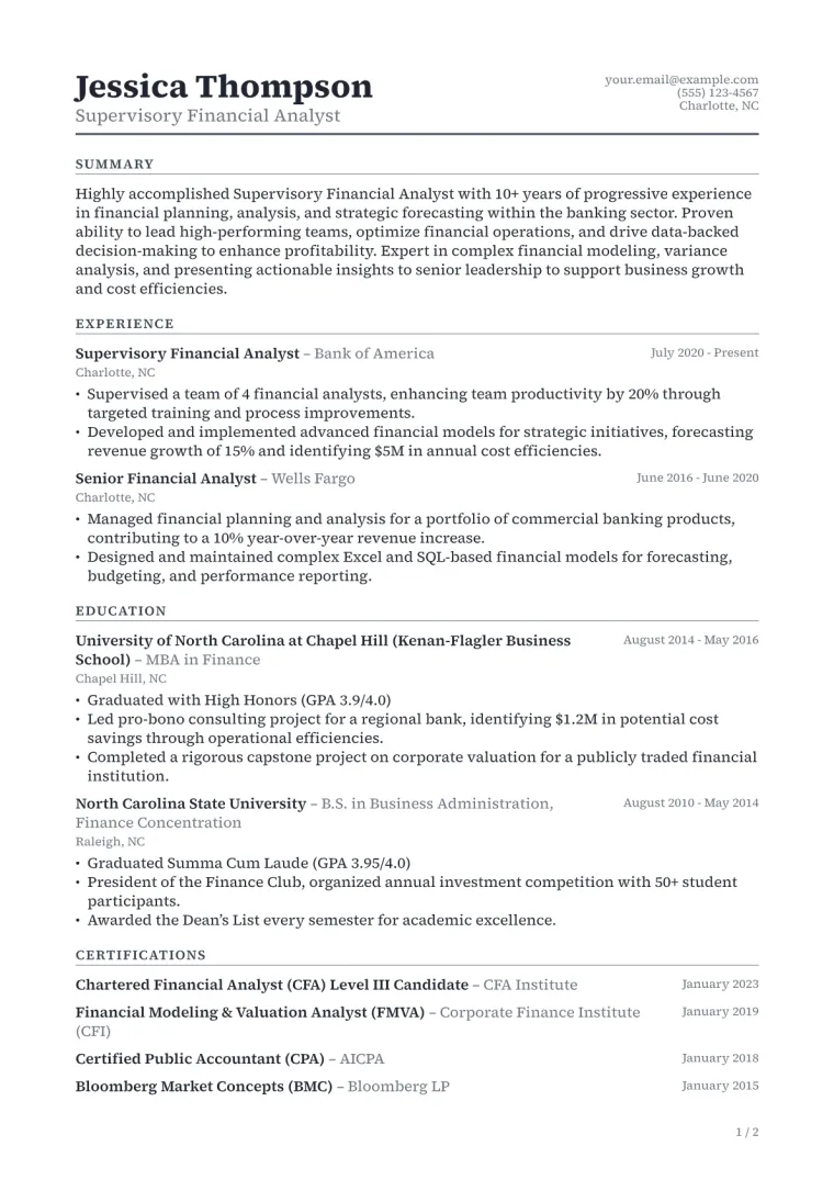 Supervisory Financial Analyst Resume Example CV template preview
