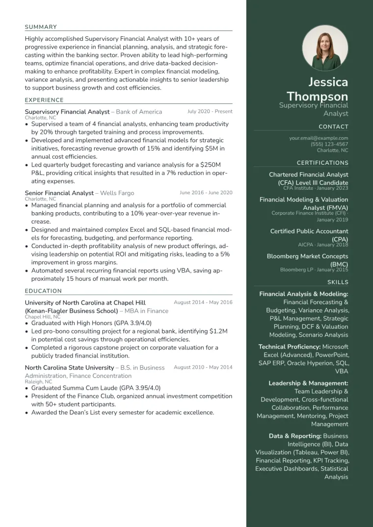Supervisory Financial Analyst Resume Example CV template preview