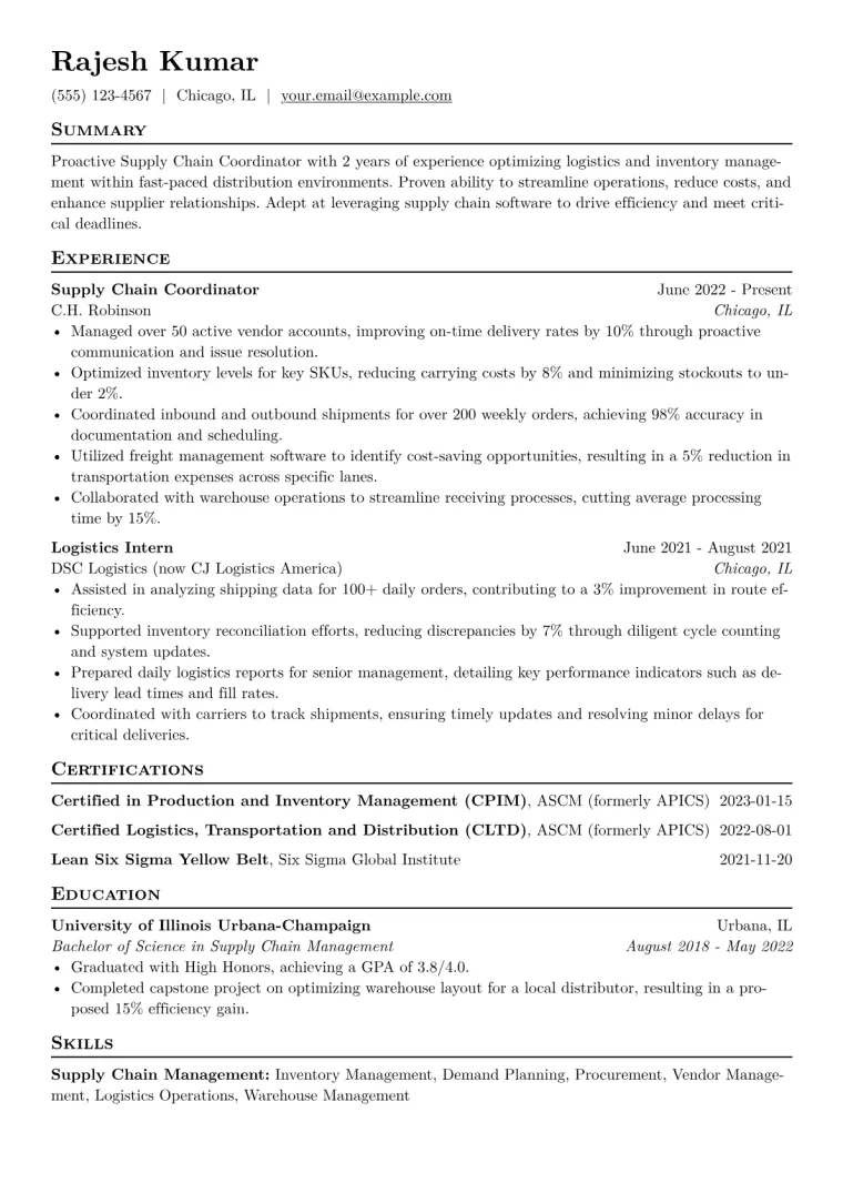 Supply Chain Coordinator Resume Example CV template preview
