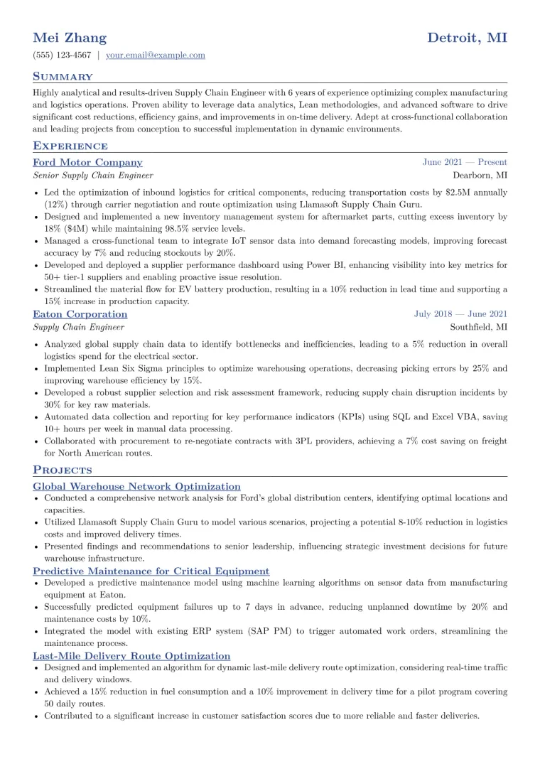 Supply Chain Engineer Resume Example CV template preview