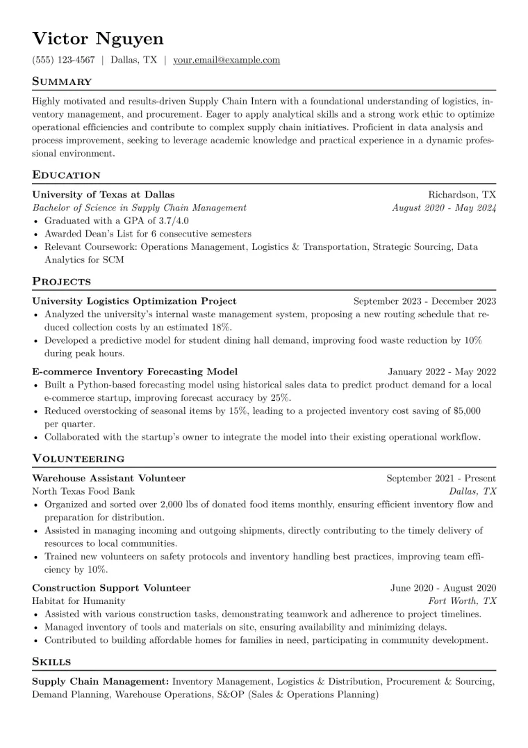 Supply Chain Intern Resume Example CV template preview