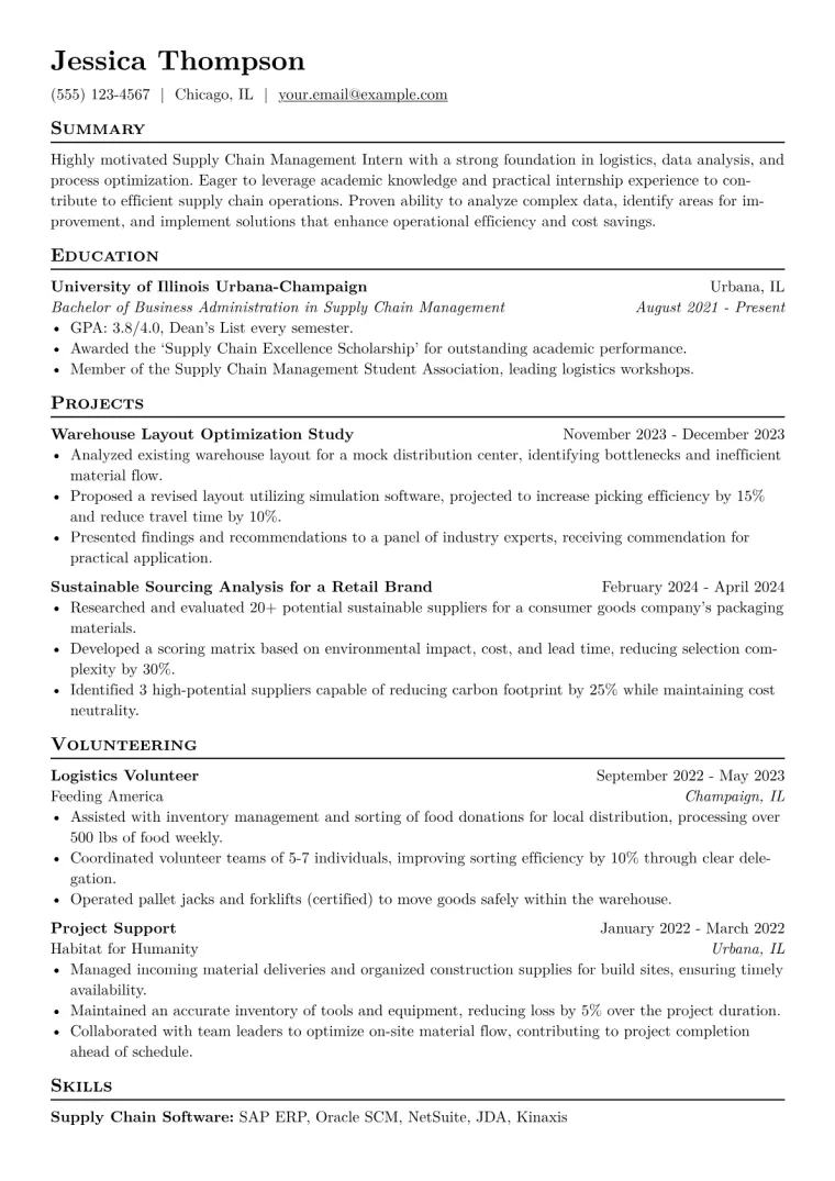 Supply Chain Management Intern Resume Example CV template preview