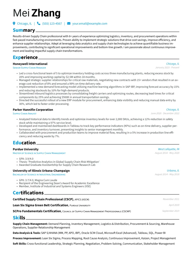 Supply Chain Management Resume Example CV template preview