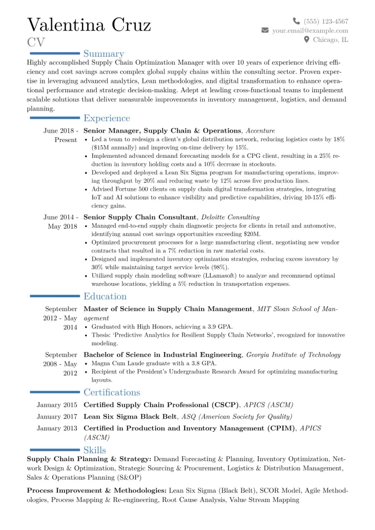 Supply Chain Optimization Manager Resume Example CV template preview