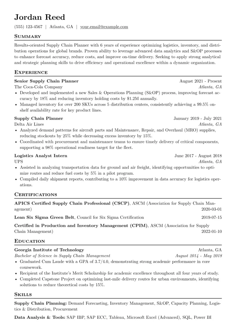 Supply Chain Planner Resume Example CV template preview
