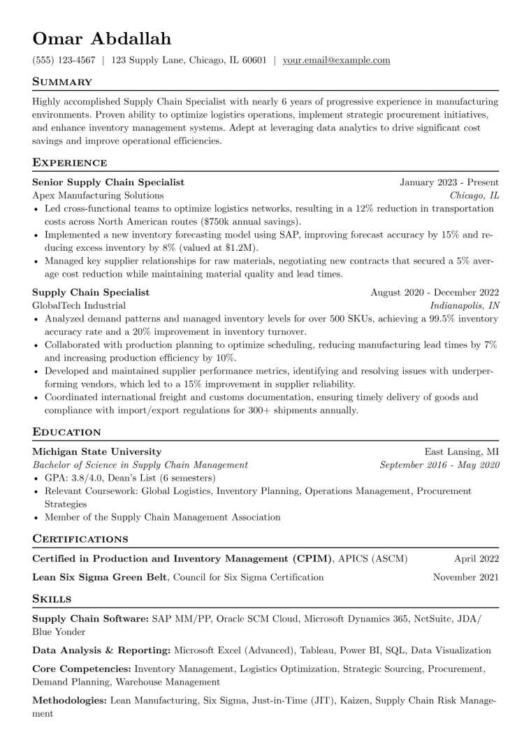 Supply Chain Specialist Resume Example preview
