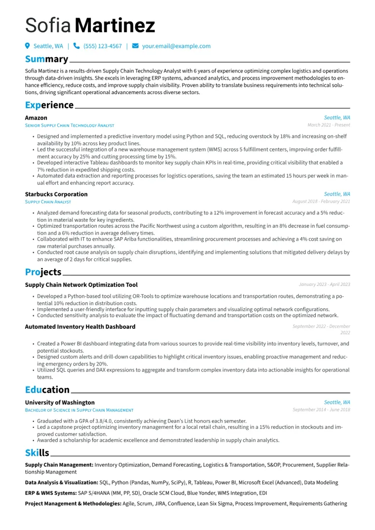 Supply Chain Technology Analyst Resume Example CV template preview