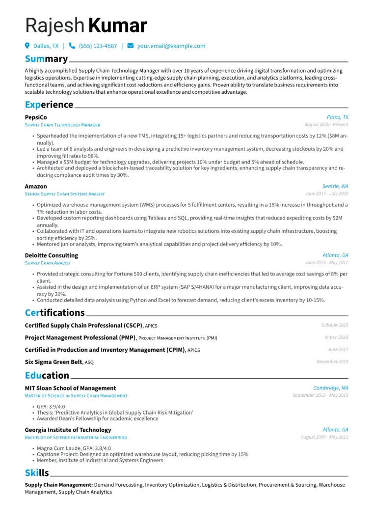 Supply Chain Technology Manager Resume Example CV template preview