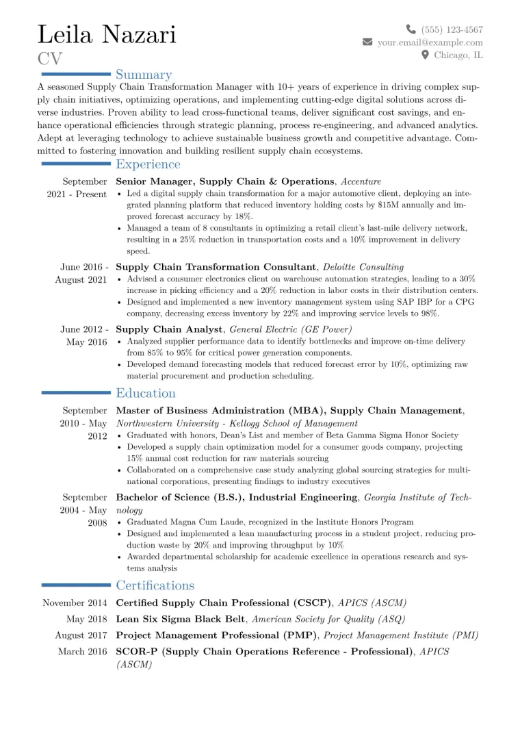 Supply Chain Transformation Manager Resume Example CV template preview