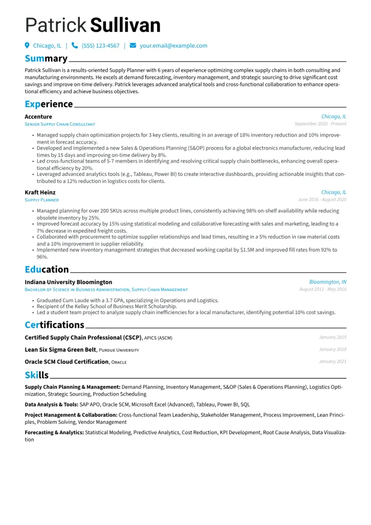 Supply Planner Resume Example CV template preview