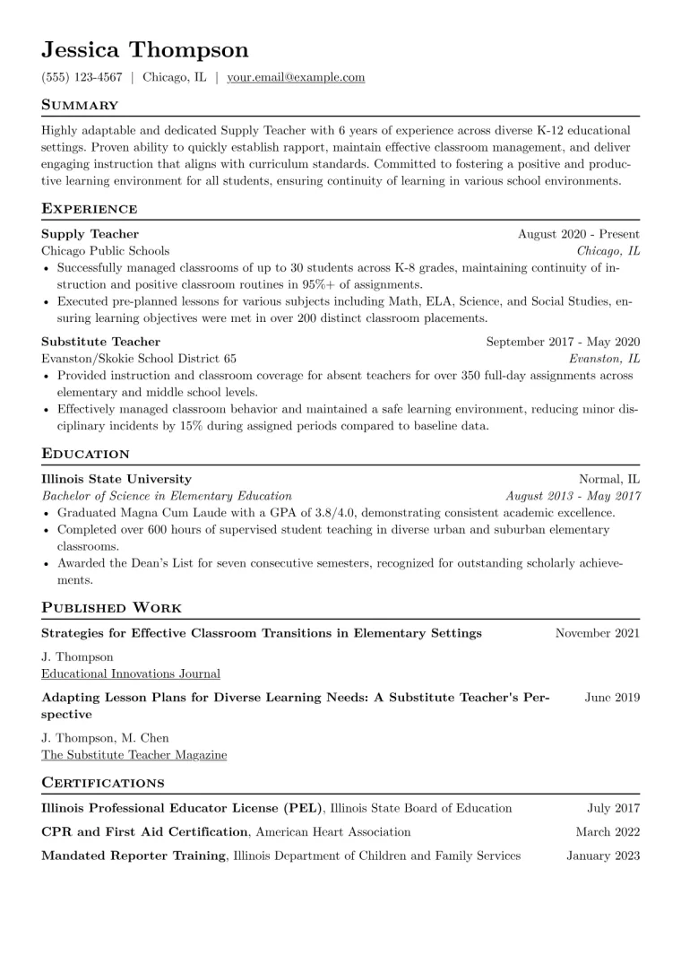 Supply Teacher Resume Example CV template preview