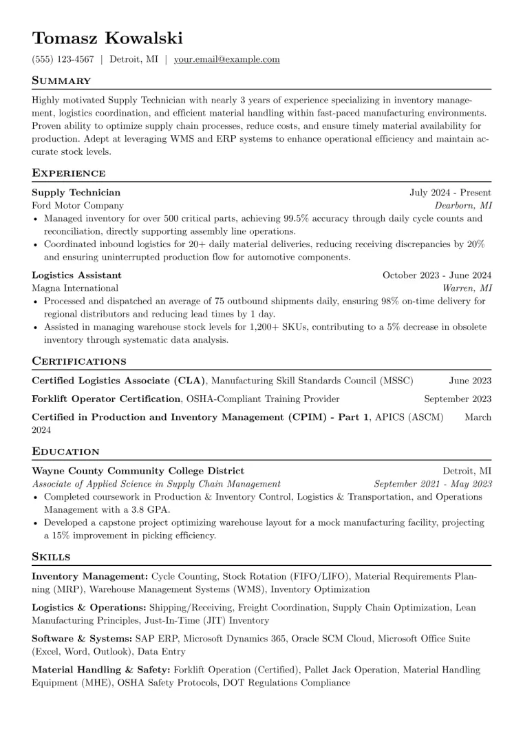 Supply Technician Resume Example preview