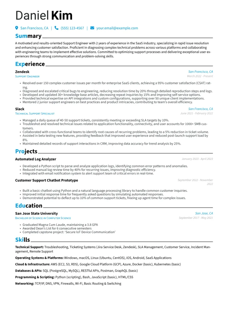 Support Engineer Resume Example CV template preview
