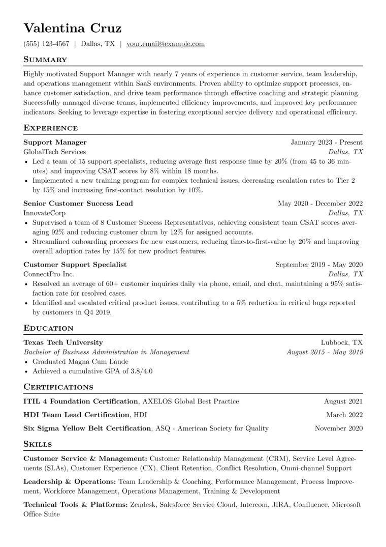 Support Manager Resume Example CV template preview