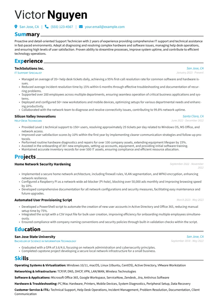 Support Technician Resume Example CV template preview