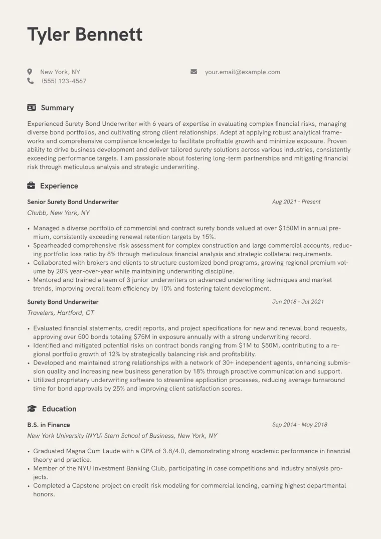 Surety Bond Underwriter Resume Example CV template preview