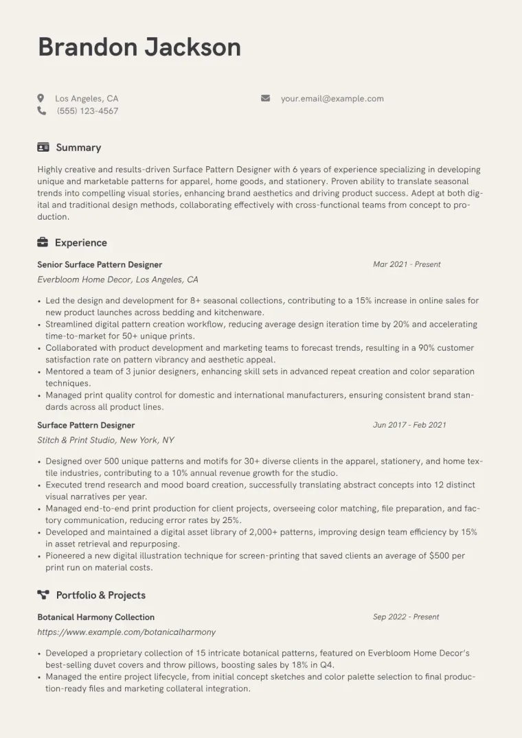 Surface Pattern Designer Resume Example CV template preview