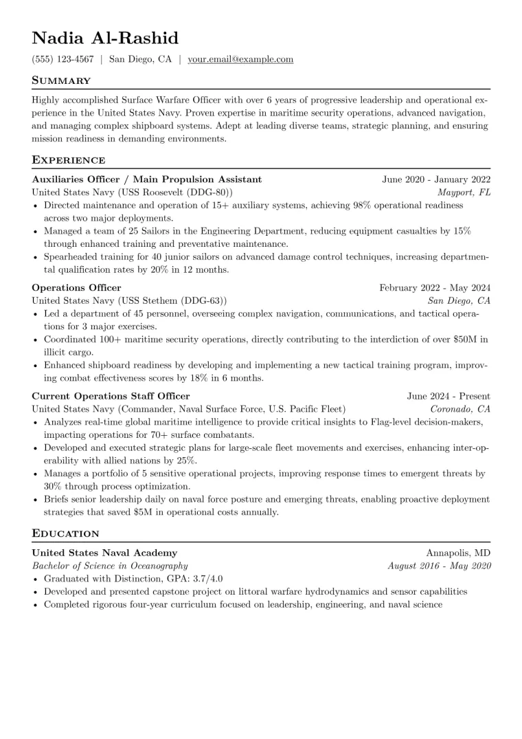 Surface Warfare Officer Resume Example preview