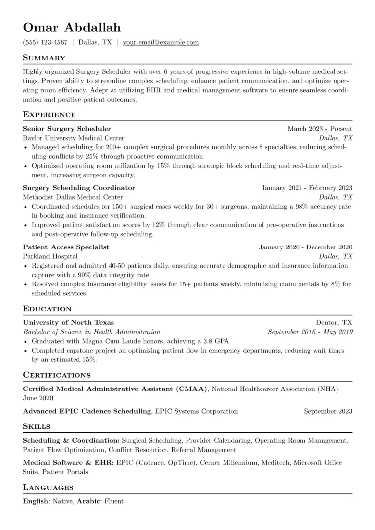 Surgery Scheduler Resume Example CV template preview