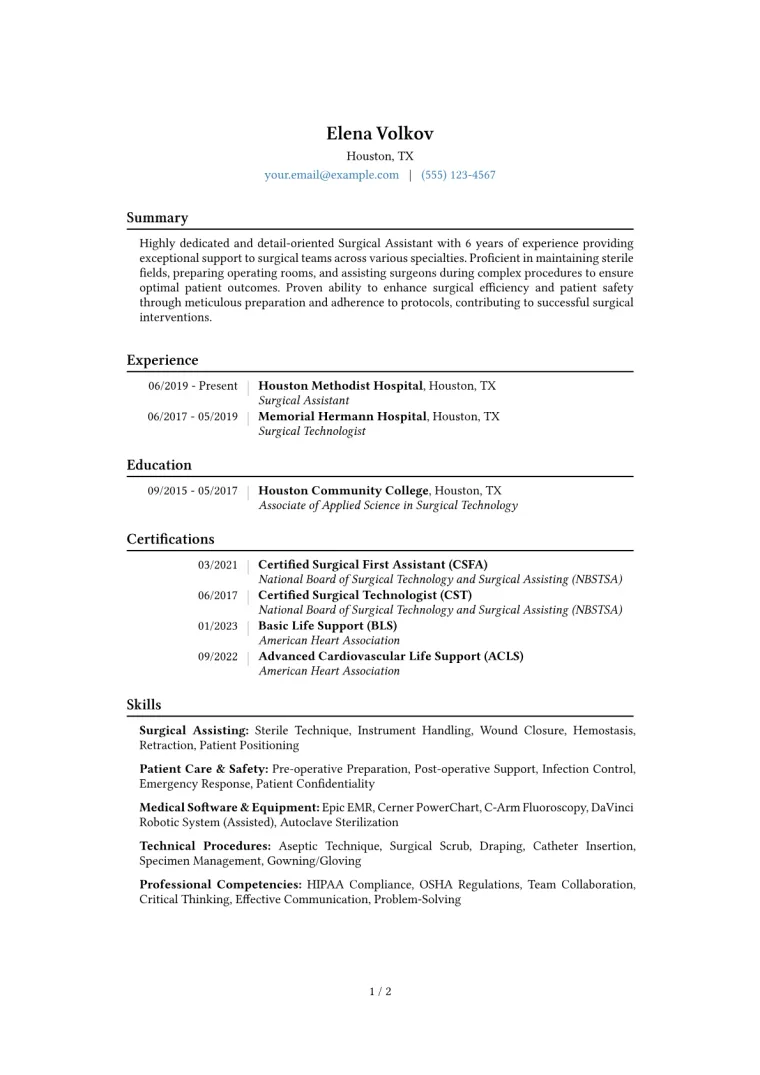 Surgical Assistant Resume Example CV template preview