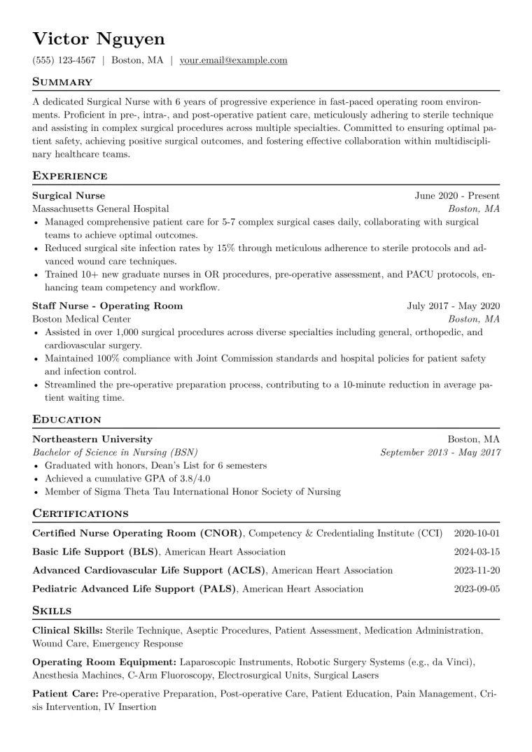 Surgical Nurse Resume Example CV template preview