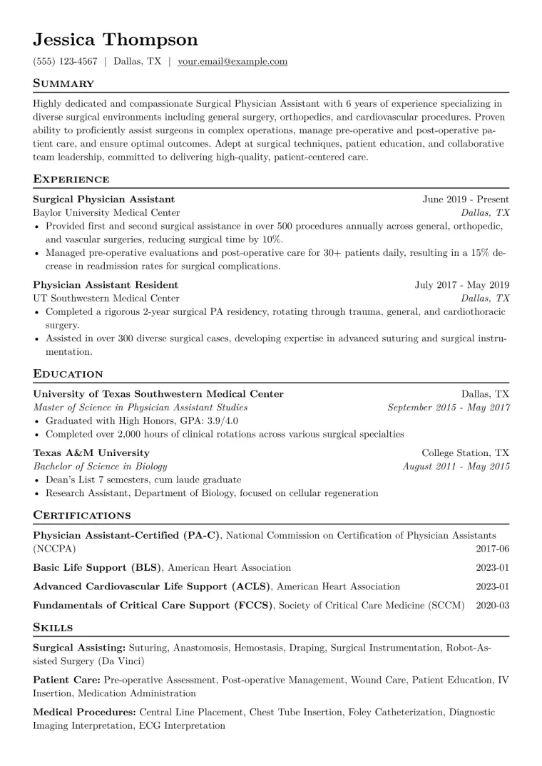 Surgical PA Resume Example CV template preview