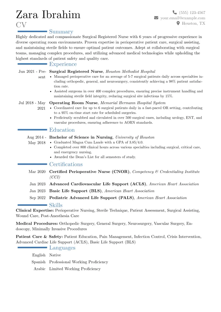 Surgical Registered Nurse Resume Example CV template preview