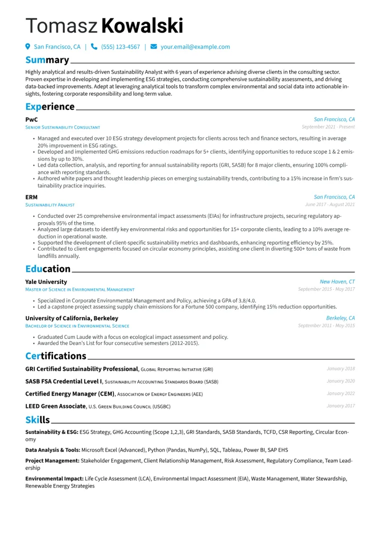 Sustainability Analyst Resume Example CV template preview