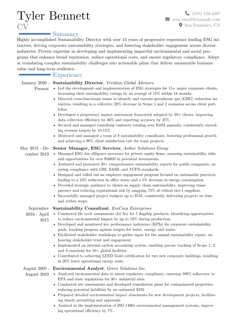Sustainability Director Resume Example CV template preview