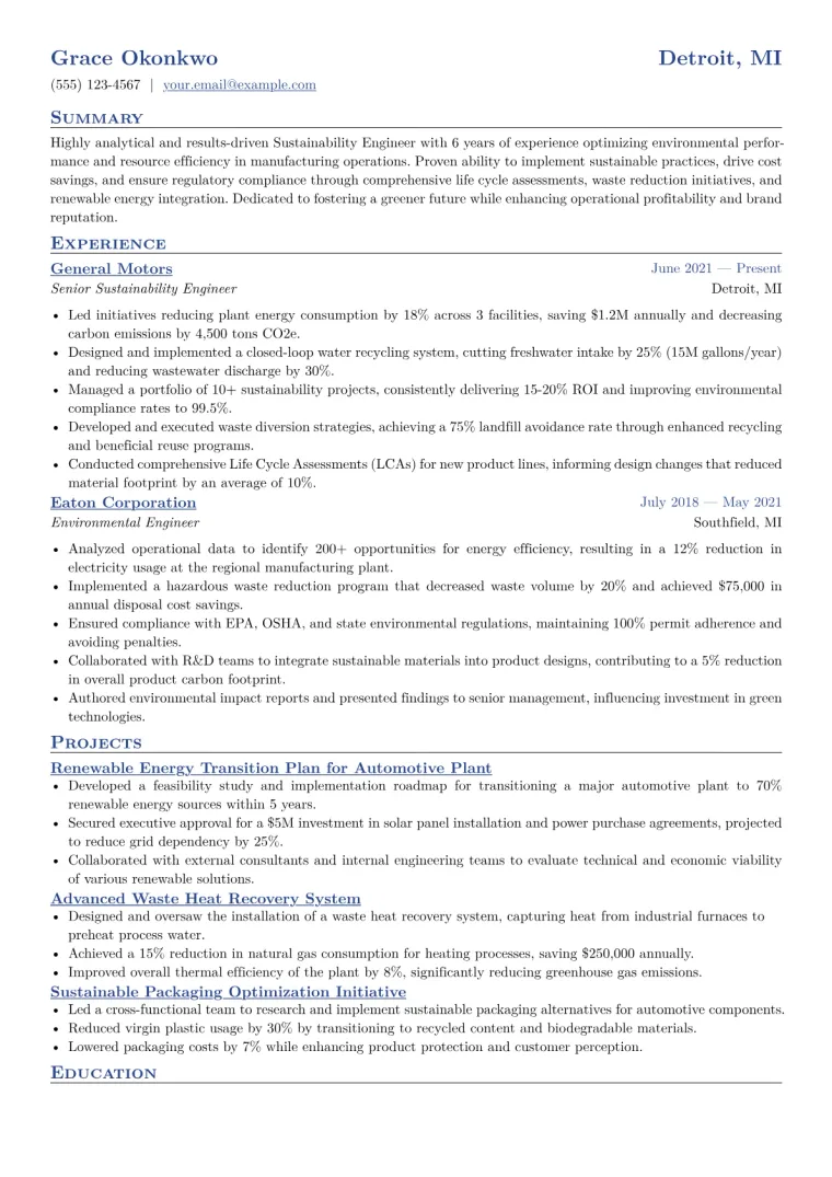 Sustainability Engineer Resume Example CV template preview