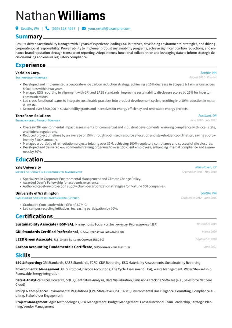 Sustainability Manager Resume Example CV template preview