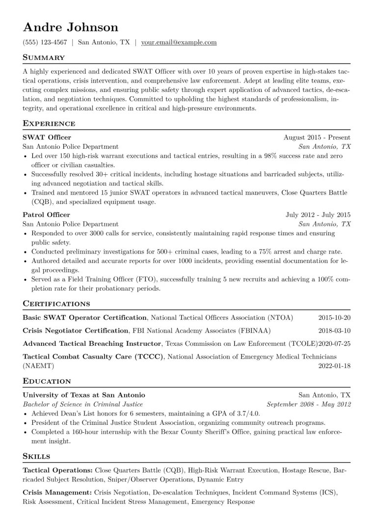 SWAT Officer Resume Example CV template preview