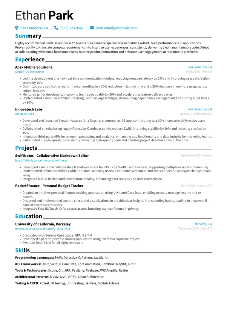 Swift Developer Resume Example CV template preview