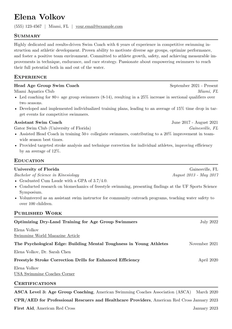 Swim Coach Resume Example CV template preview
