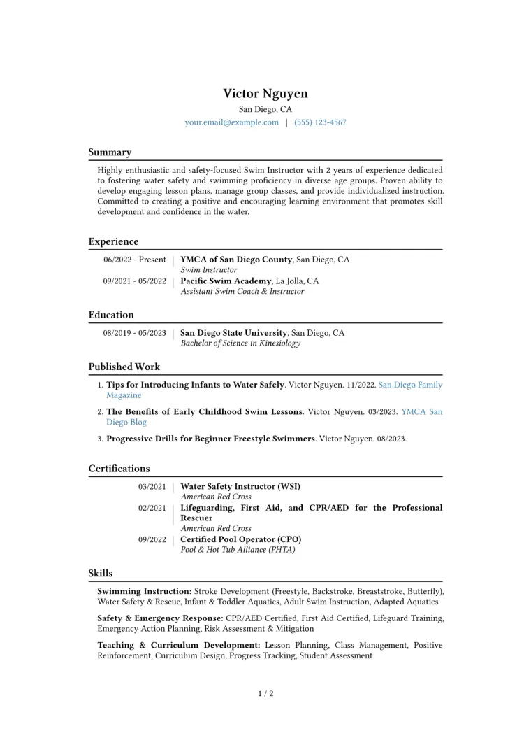 Swim Instructor Resume Example CV template preview