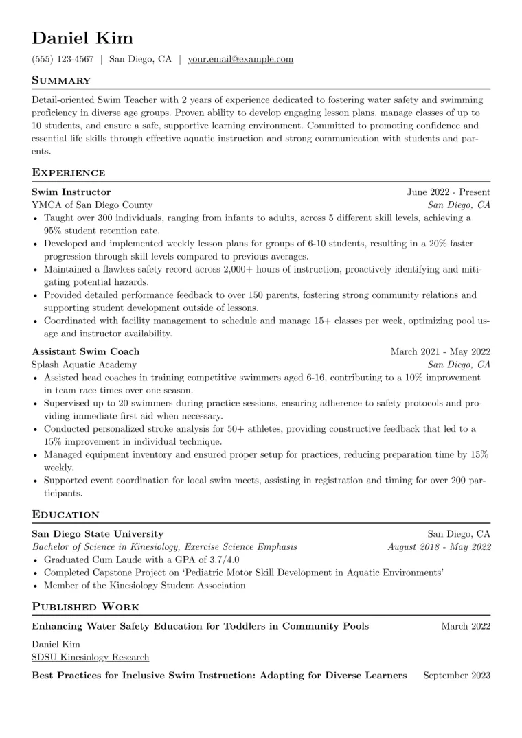 Swim Teacher Resume Example CV template preview