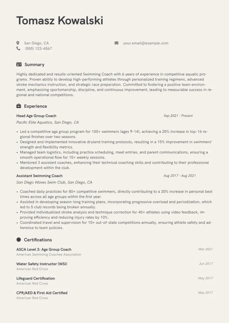 Swimming Coach Resume Example CV template preview