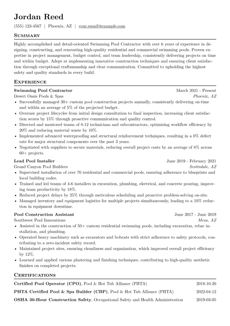 Swimming Pool Contractor Resume Example CV template preview