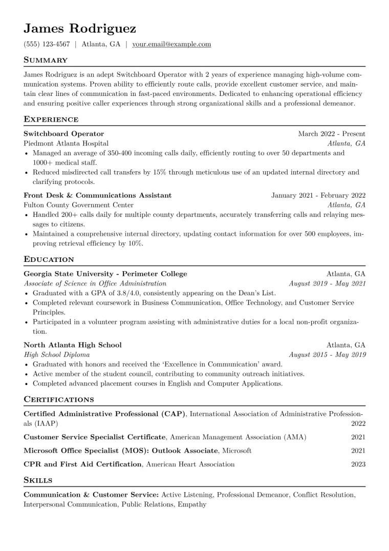 Switchboard Operator Resume Example CV template preview