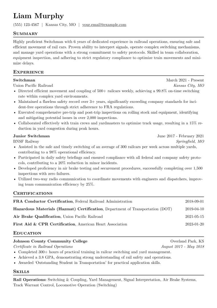 Switchman Resume Example CV template preview