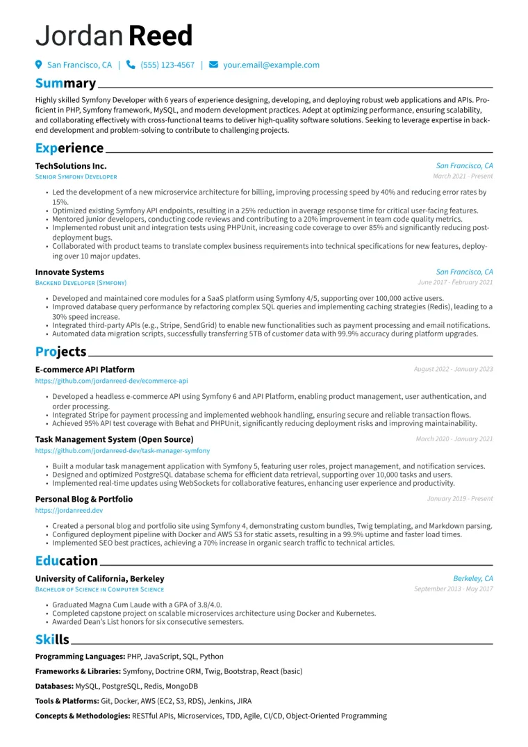Symfony Developer Resume Example CV template preview