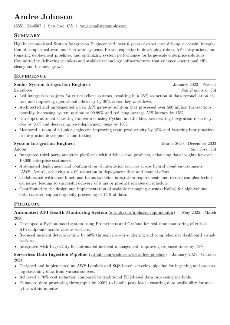 System Integration Engineer Resume Example CV template preview