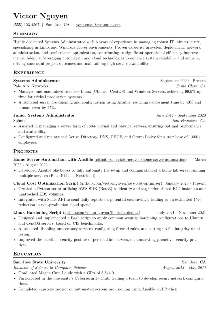 Systems Administrator Resume Example CV template preview