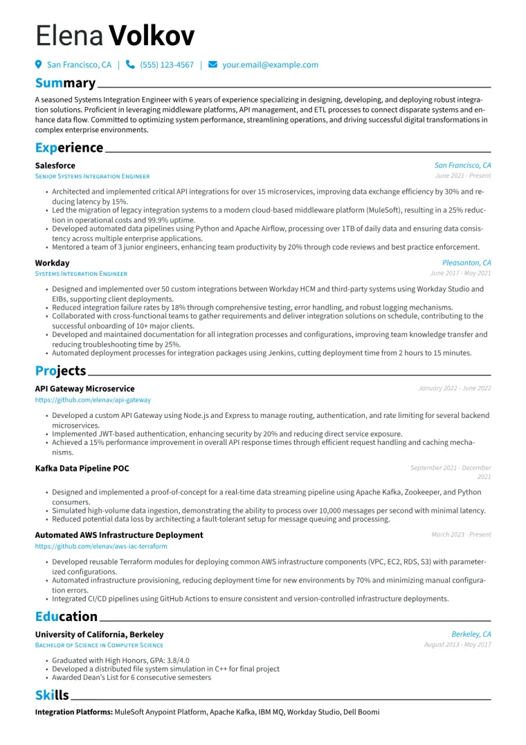 Systems Integration Engineer Resume Example CV template preview