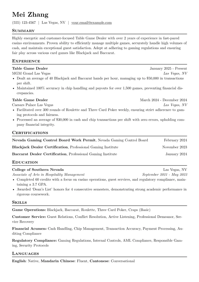 Table Game Dealer Resume Example CV template preview