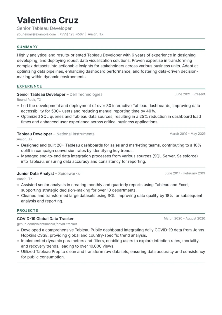 Tableau Developer Resume Example CV template preview