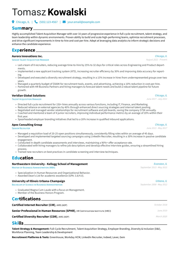 Talent Acquisition Manager Resume Example CV template preview