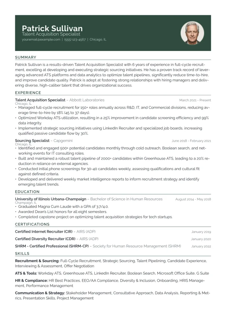 Talent Acquisition Specialist Resume Example CV template preview