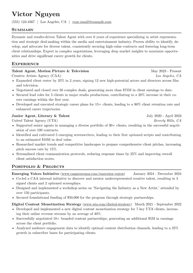 Talent Agent Resume Example preview